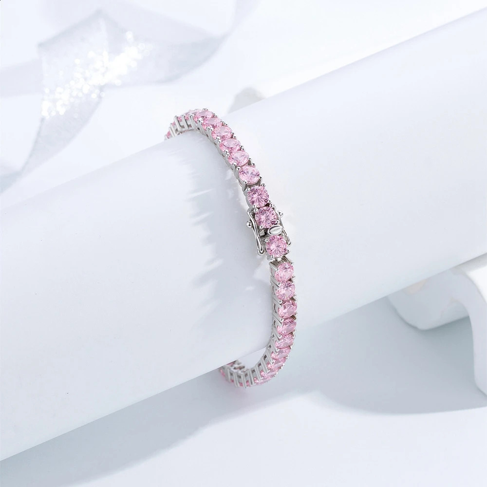 Wong Rain Solid 925 Sterling Silver 5MM Lab Pink Sapphire High Carbon Diamonds Gemstone Tennis Chain Bracelets Fine Jewelry 260626 - view 4