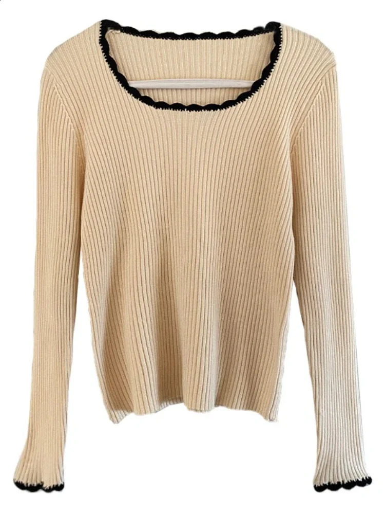 2026 Women Long Sleeve Slim Soft Tops Autumn Winter Square Neck Knitted Pullovers Casual Versatile Color Blocking Sweater 260626 - view 6