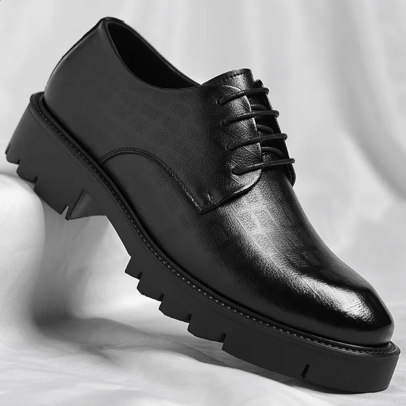 Mens Brogues Leather Elevator Shoes Man Height Increase Insole 8cm10cm Black Formal Business Wedding Work Men Shoes 260626 - view 3