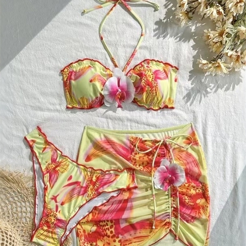 S XL 3D Flowers With Skirt Halter Bikini Threepieces set Female Swimsuit Bathing Suit Women Swimwear Bather Swim V7324 y260611