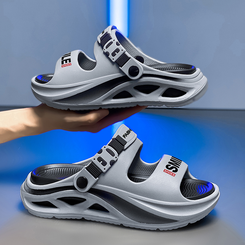 Men Hollow Cutout Platform Sport Slides Adjustable Buckle Heel Strap Letter Print Gradient EVA Thick Cushion Anti Slip Beach Shower Casual Slippers - view 3
