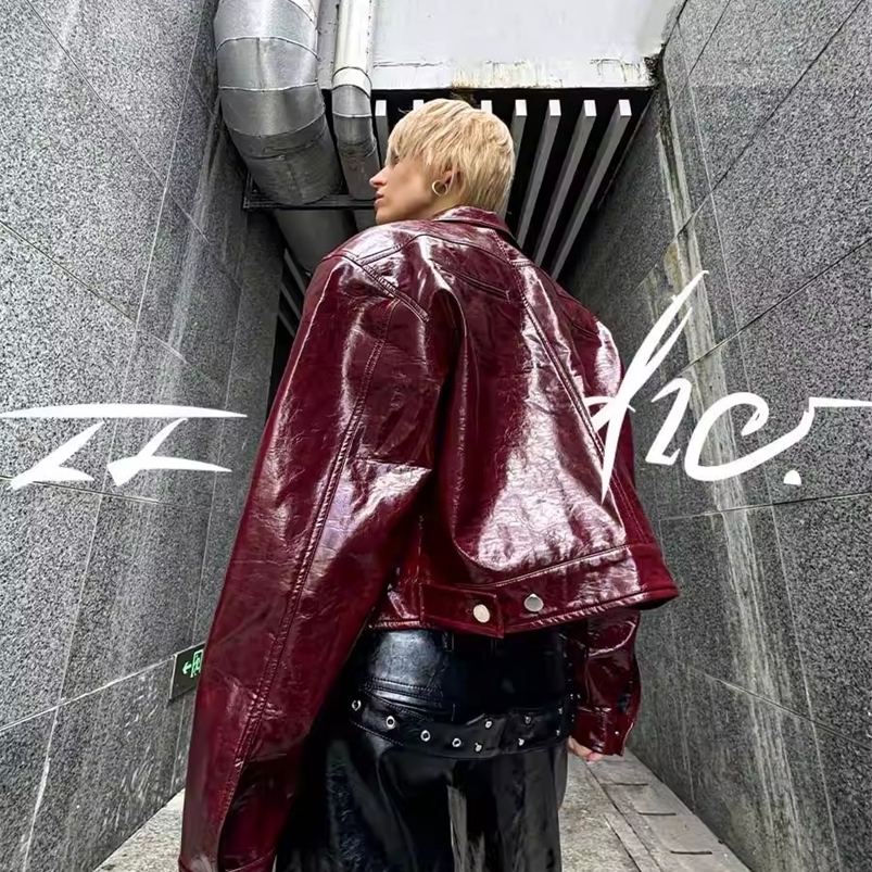 Lautaro Autumn Cool Short Oversized Pu Leather Jacket Women Shoulder Pads Zippper High Quality American Retro Punk Style Clothes 260618CJ