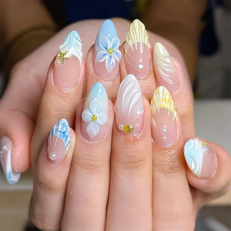 24Pcs Yellow French Full Cover Nails Tips Mid-length Almond Detachable False Nails 3D Flower Pearl Starburst Press on Fake Nails 260626 - view 7