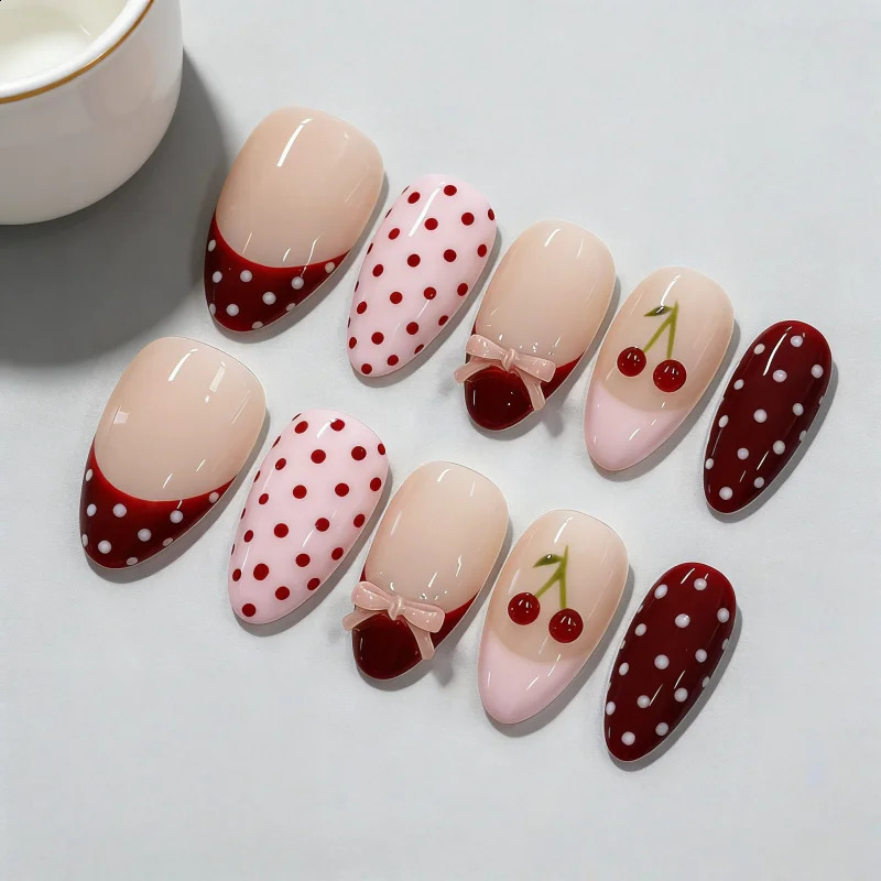 30Pcs Fake Nails Sweet Pink French Polka Dots Bows and Playful CherriesPress-On Nails Perfect as Gifts for Girls and Friends 260626 - view 1