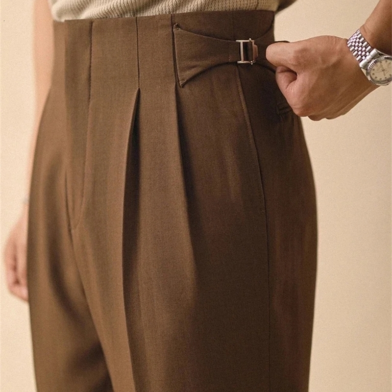 Men Summer Straight Pants Paris Button Non Ironing Loose Fitting Business Naples Casual High Waist Office Trousers y260618