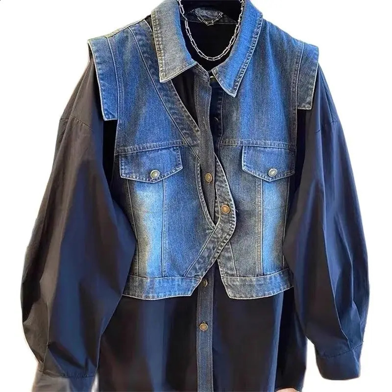 European Goods Fat MM Thin Belly Fake Two-Piece Shirt loose Tibetan Meat Autumn n Sense Denim Stitching Long-sleeved Shirt 260626 - view 4