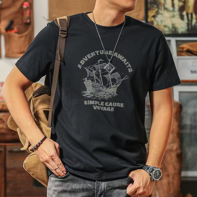 2026 Summer New High-End Combed Cotton Short-Sleeve T-Shirt With American Retro Sailboat Print - view 4