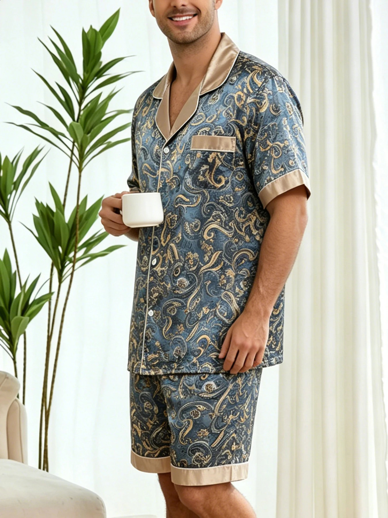 Mens Faux Silk Satin Pajama Set Short Sleeve ButtonDown Paisley Print Loungewear Summer Sleepwear Nightwear Casual Homewear 260615 - view 6