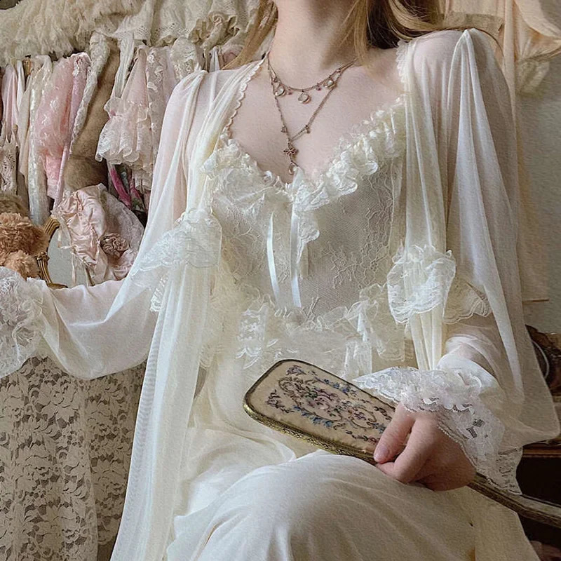 Vintage Female Court Style Thin Tulle Robe/Nightdress Ladies Princess Nightgowns Fairytale Pajamas Sleepwear Womens Clothing260622
