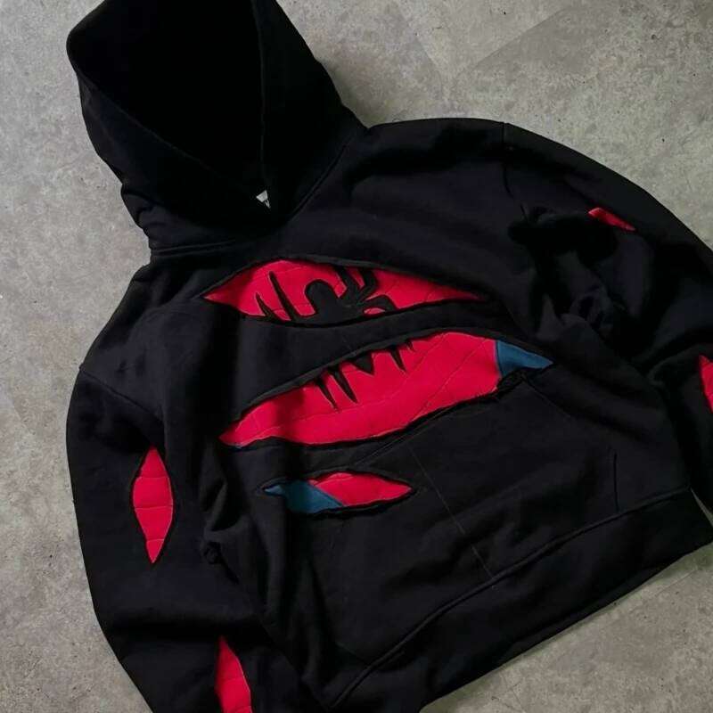 Mens Hoodie American Retro Spider Patchwork Zip Up Sweatshirt Harajuku Unisex Oversized Loose Fit Gothic Y2K Streetwear Fashion W260626 - view 5
