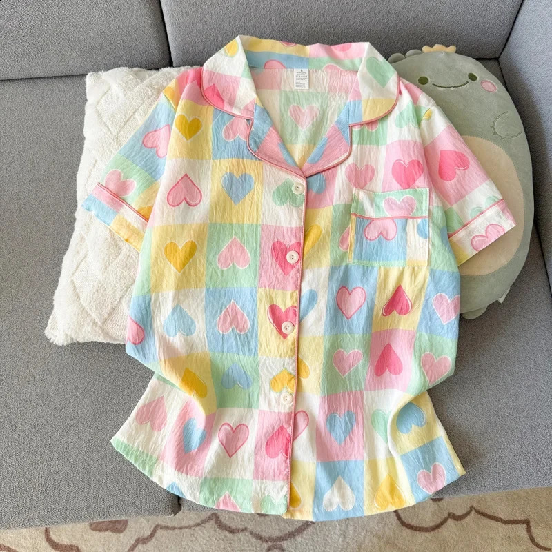 Women Summer Lapel Open Front Pajama Set Short Sleeve Top Shorts Sweet Ins Teen Loungewear Casual Daily Outdoor Home Wear Suit 260625 - view 4