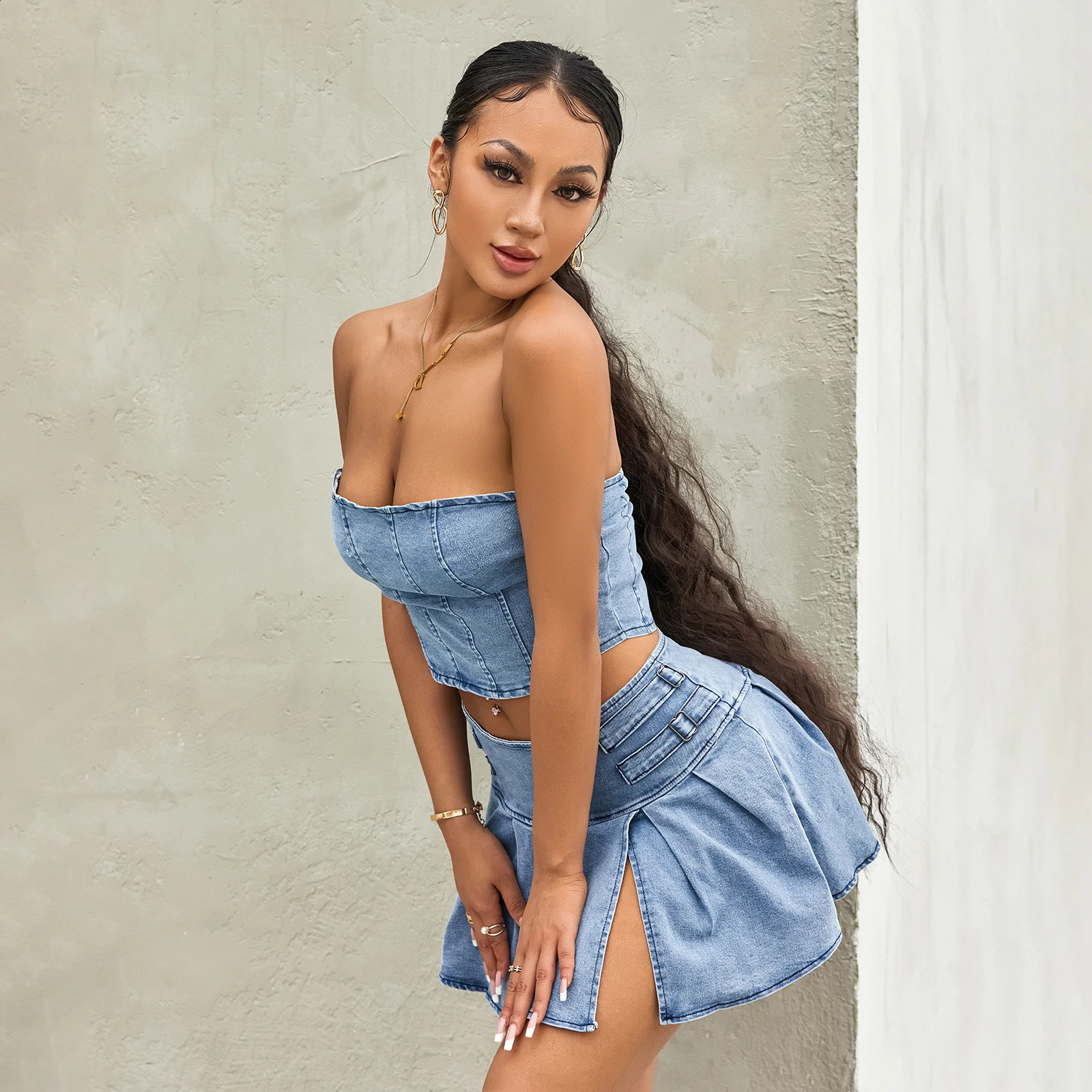 Women Summer Outfit Sets Solid Color Sleeveless Off Shoulder Zipper Bandeau Pleated Denim Skirt 2 Pieces Set 260626 - view 5