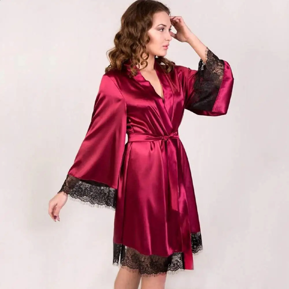 Sexy Womens Kimono Robe Lace Trimmed Satin Nightgown Bridal Wedding Sleepwear Adjustable Belt Comfortable Loungewear260622 - view 4