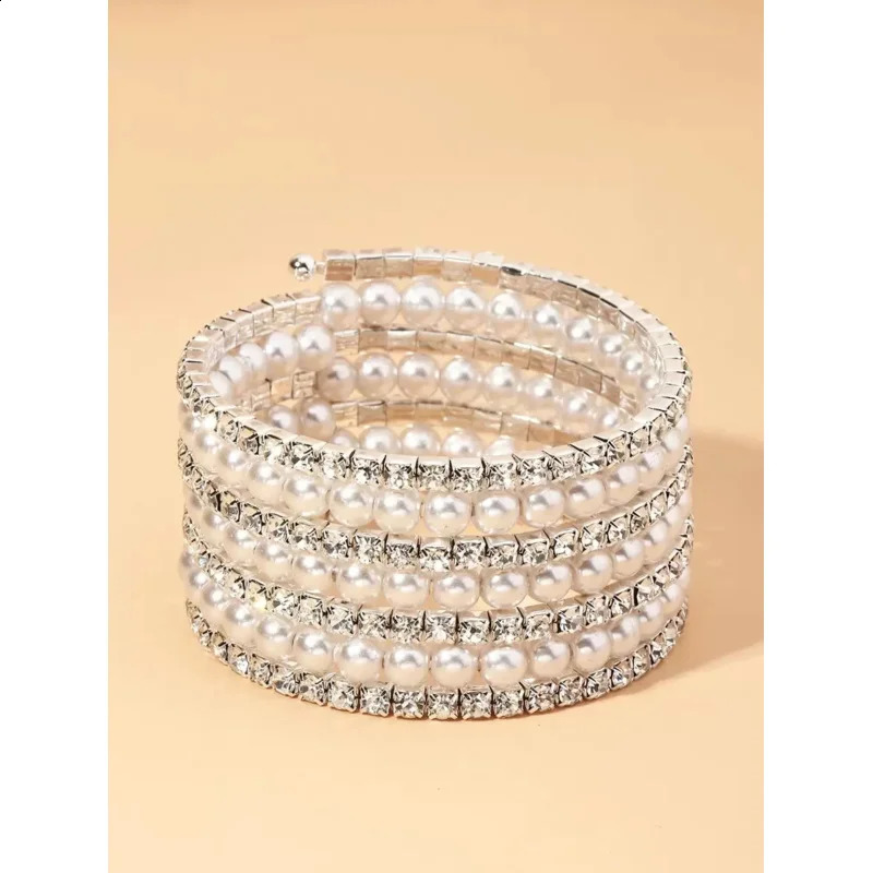 1pc Rhinestone Faux Pearl Decor Bangle Sparkling Luxe Cuff Bracelet for Women 260625 - view 4