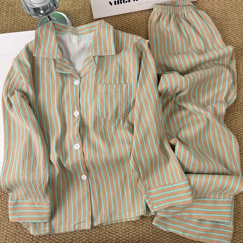 KoreanStyle Simple Striped Pajamas for Women Spring and Summer Loose Lazy LongSleeve Long Pants Homewear Set 260625 - view 4