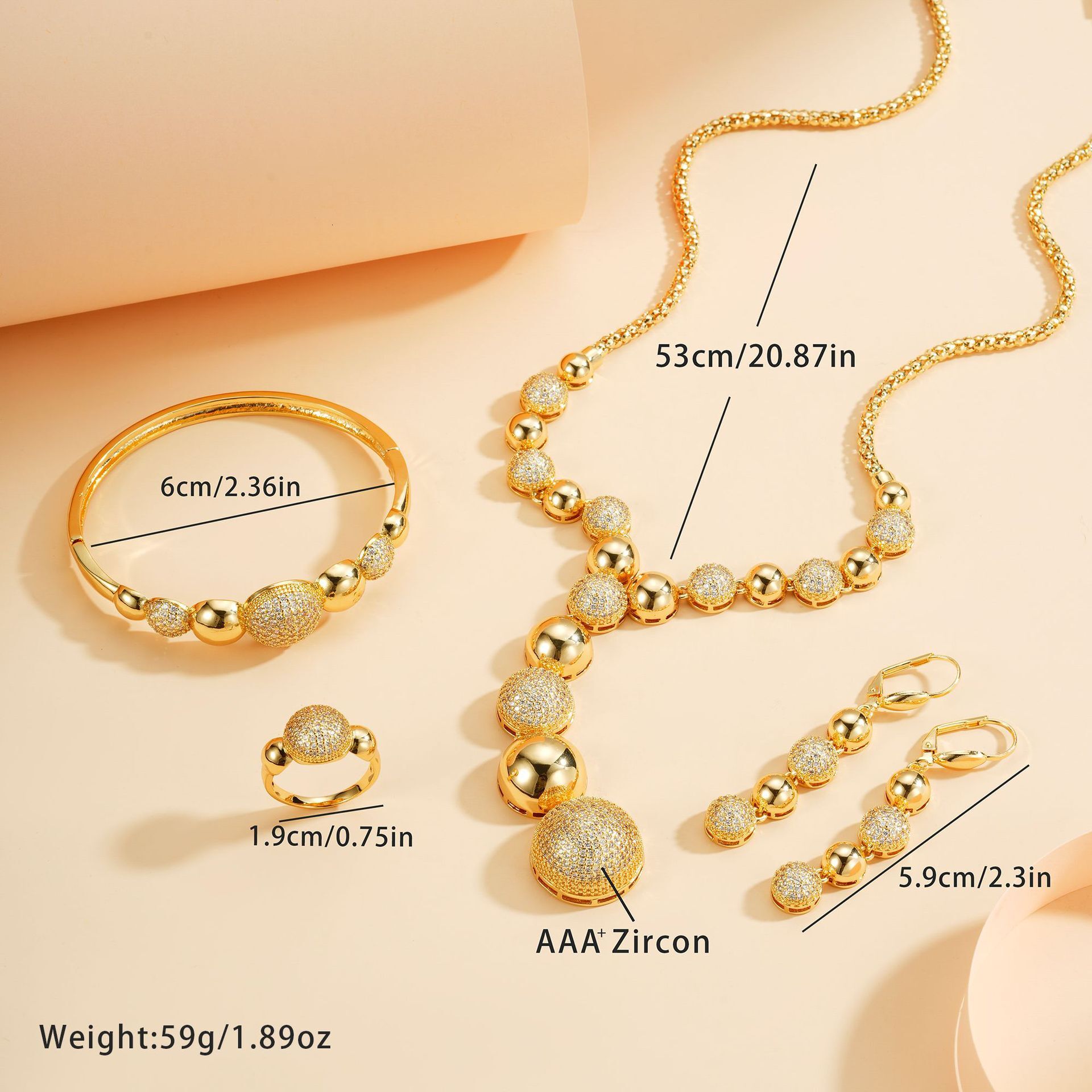 European Light Luxury 4Pcs Zircon Jewelry Set 18K Gold Plated Round Bead Women Necklace Bangle Ring Earrings - view 5