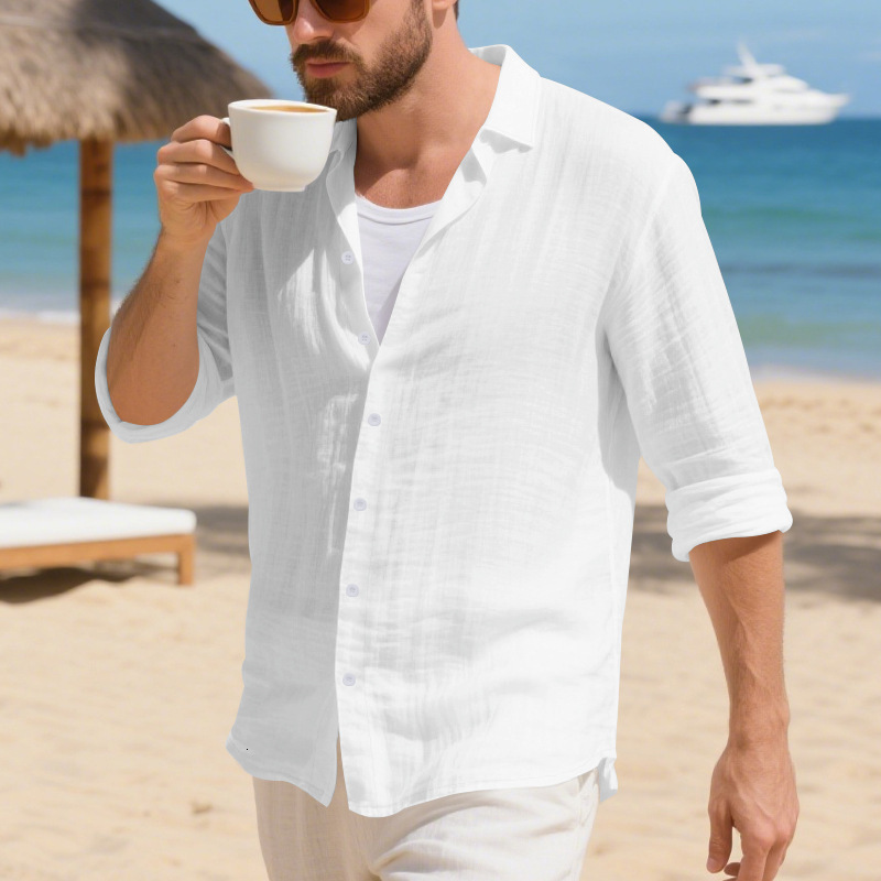 Spring and Autumn Linen Mens Long-Sleeve Shirt American Style Loose Button Hawaiian Casual Turn-Down Collar Shirt - view 7