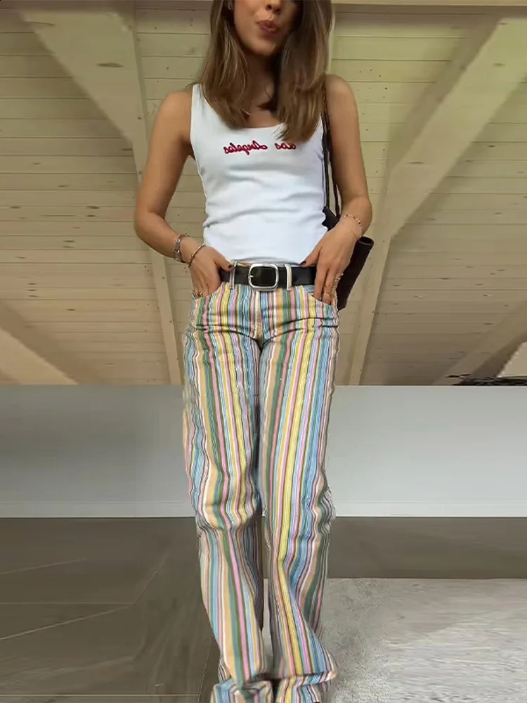 Colorful Striped Low Waist Wide Leg Jeans Slim Fit Flared Hem 2026 Summer Casual Women Denim Pants Trendy Y2K Lady Streetwear 260625 - view 6