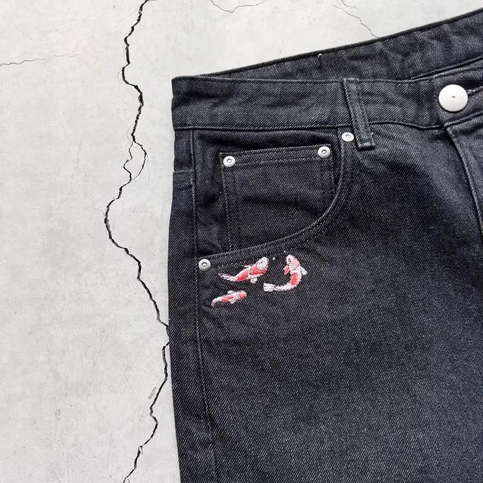 Derschutze Retro Street Hip-Hop Cartoon Pattern Pocket Embroidered Denim Shorts Versatile Embroidered Jeans Straight Leg Pants denim shorts - view 5