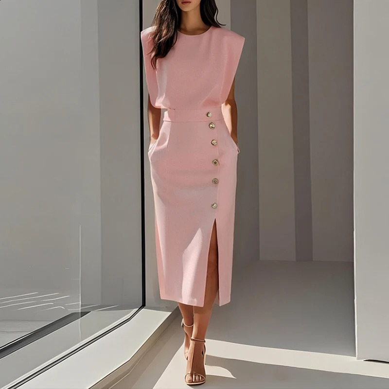 Summer Fashion O Neck Split Women Dress Elegant Solid Slim Button Party Dress Casual Sleeveless High Waisted Office Lady Dresses 260626 - view 6