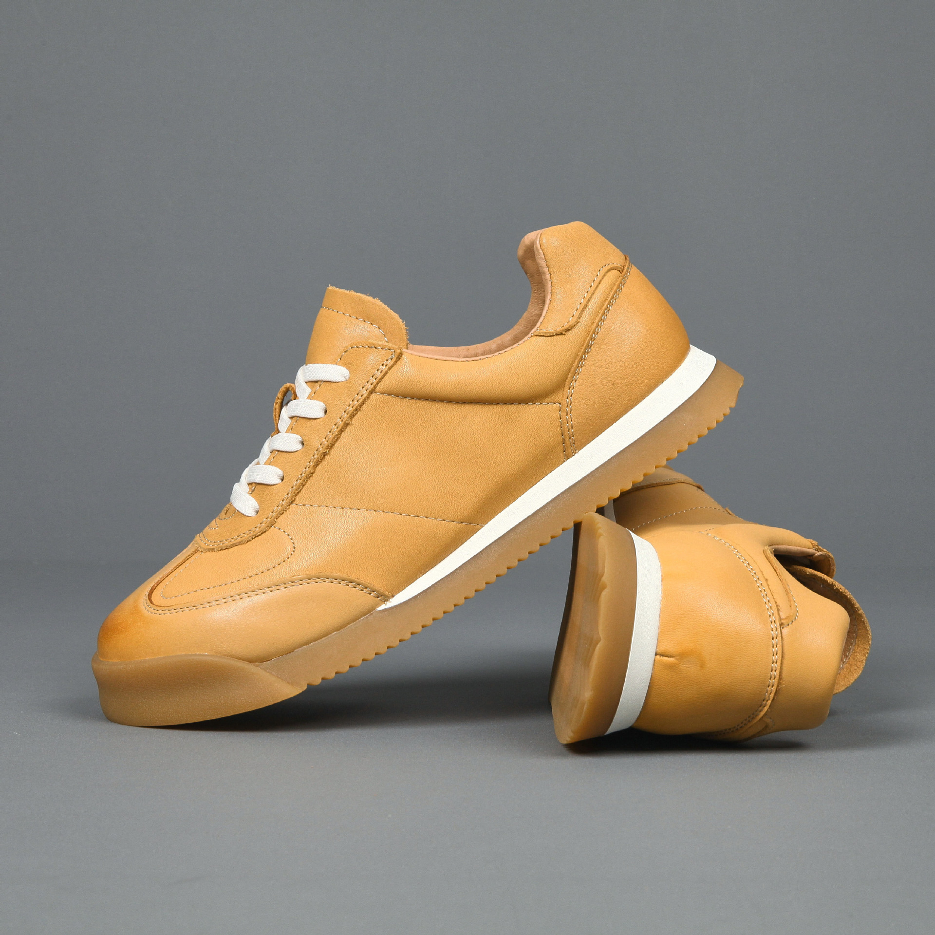 Designer Tan Leather Sneakers Men Free Shipping Breathable Perforated Non-slip Gum Sole Lightweight Business Casual Daily Walking Shoes - view 4