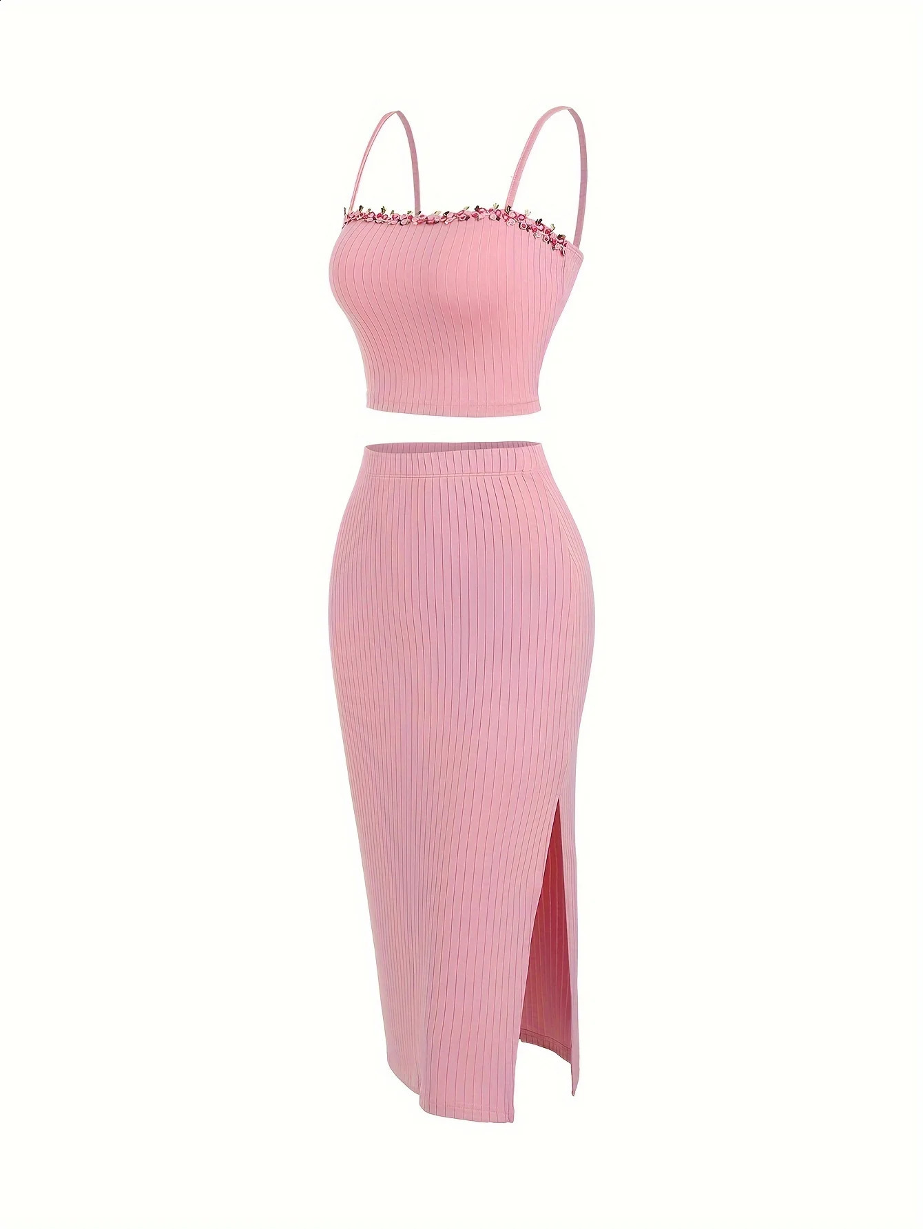 European and American fashion womens spring summer embroidered lace suspender vest split skirt set of two 260626