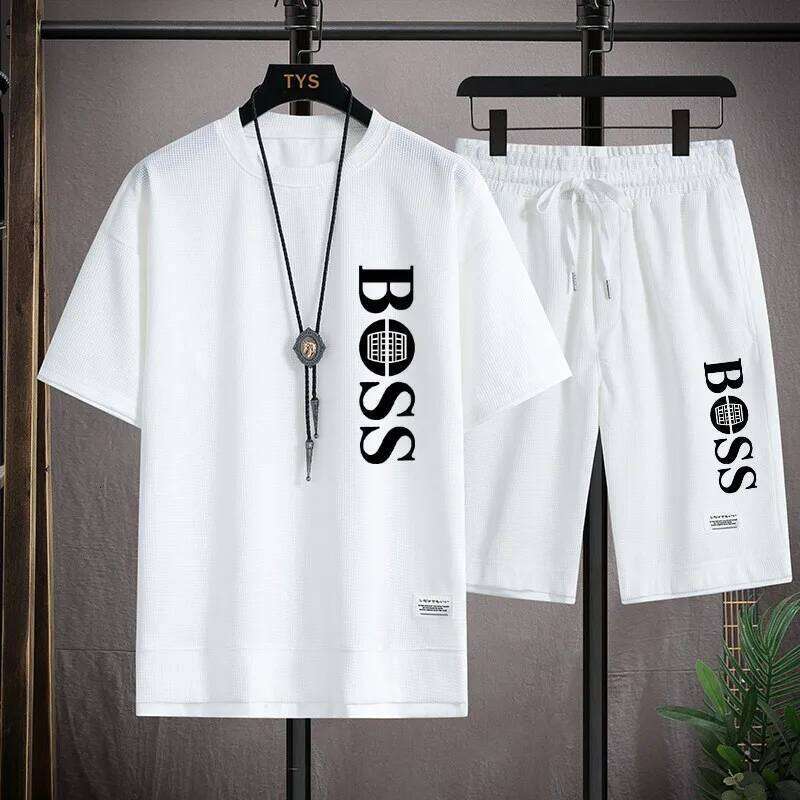 Fashionable printed T-shirt shorts set for men's sports, simple and comfortable summer waffle suit 26Y0626 - view 4