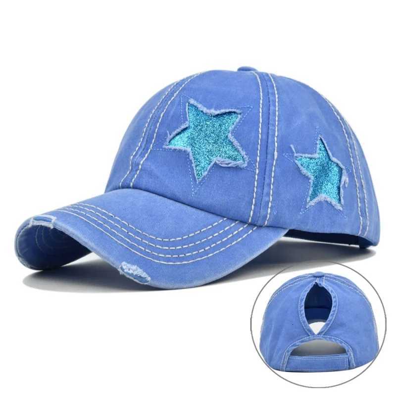 Washed Women Ponytail Baseball Cotton Sun Hat Female Pentagram Sequins Hip Hop SnapHats Adjustable Sport Hat Gorra M260626 - view 6