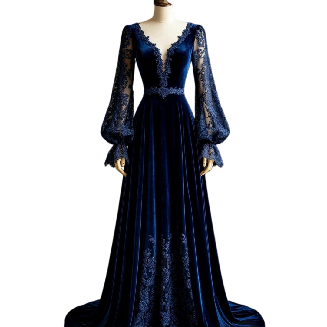 Medieval Navy Velvet Evening Dresses V Neck Floral Lace Bubble Sleeve Flowy Long Sweep Train A-Line Prom Dress Vintage Formal Gown For Women - view 3