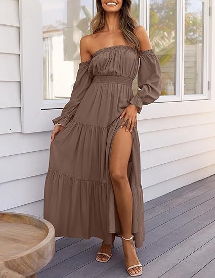 2025 Bohemian Sexy Off-Shoulder Long-Sleeve Ruched High-Waisted Side-Slit Flowing A-Line Layered Maxi Dress - view 4