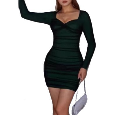 New womens sexy tight-fitting long-sleeve dress with heart-shaped neckline colorful block mesh and ruffle details - view 6