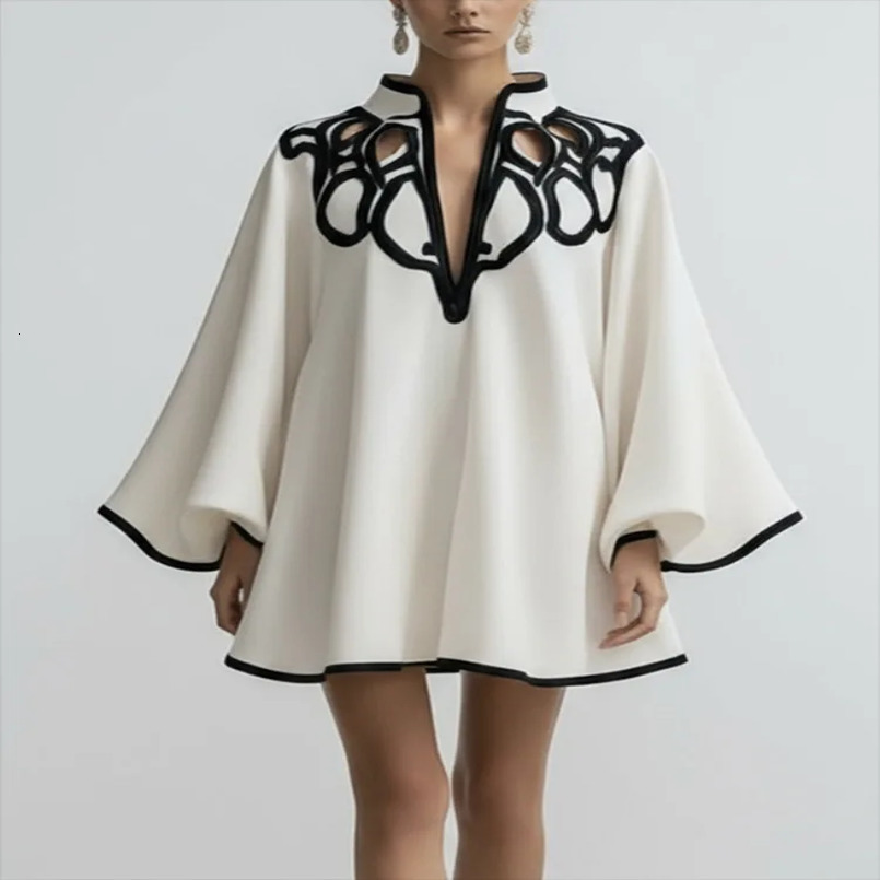 2026 Hollowed Vneck Mini Dress for Women Flared Sleeves Pleated Spring Stylish Contrast Trims Elegant Party 260625