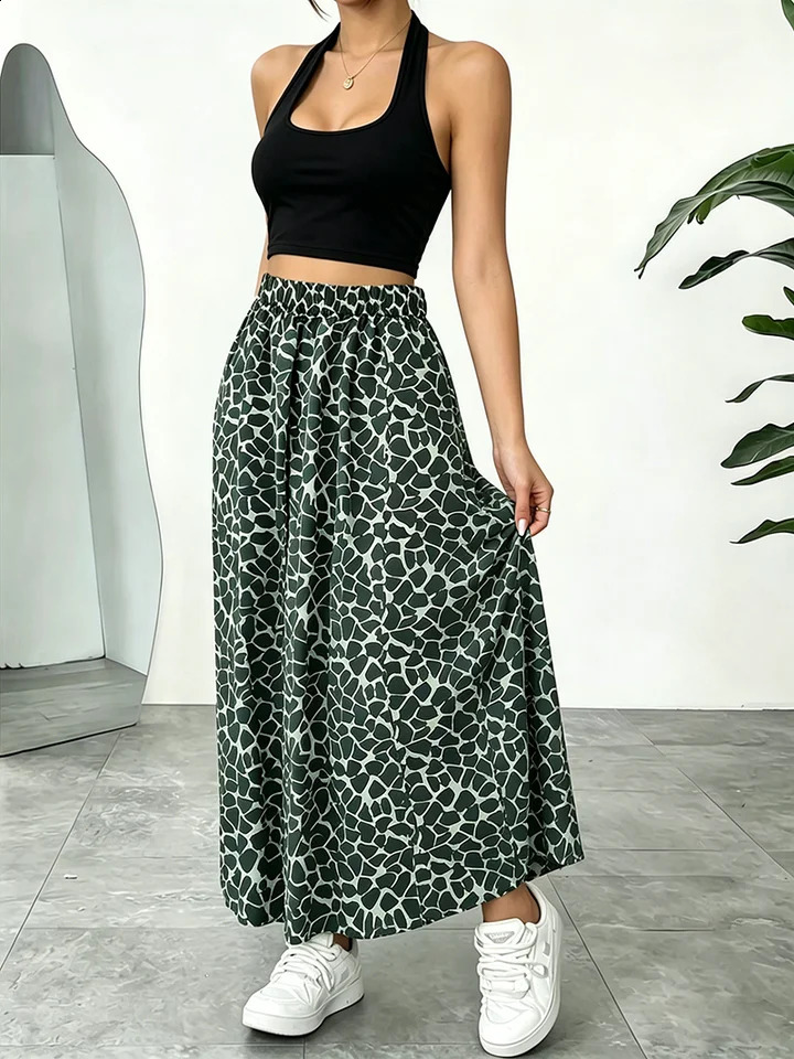 Womens clothing set solid color hanging neck backless vest topelastic waist geometric printed half skirt long 260626 - view 4