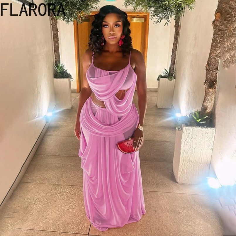 FLARORA Elegant Ruched 2 Piece Sets Woman LowNeck Backless Camisole TopsElastic Waist Long Skirts Midnight Prom Party Outfits 260625