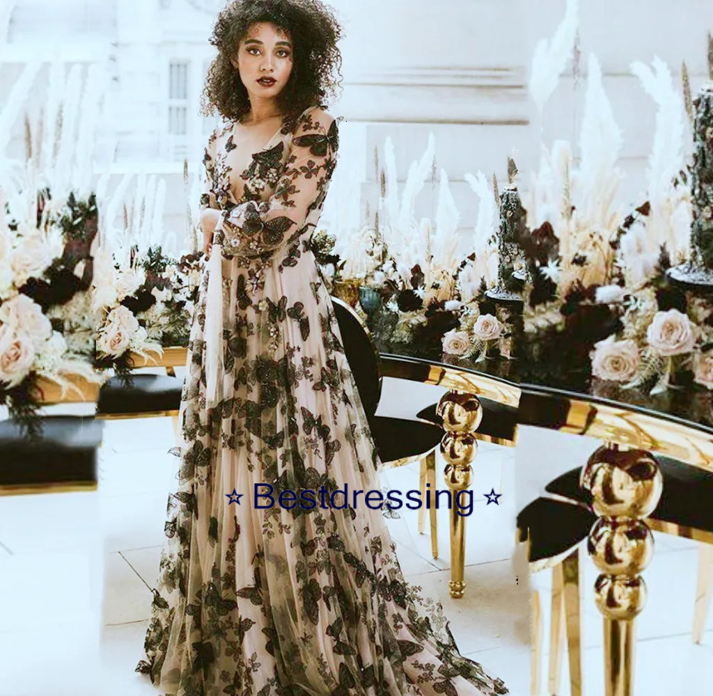 Gothic Apricot And Black Butterfly Lace Wedding Dress Long Sleeve Sheer V Neck A Line Country Bridal Gowns 2022 Retro Vintage Bride Dresses Robe De Ma