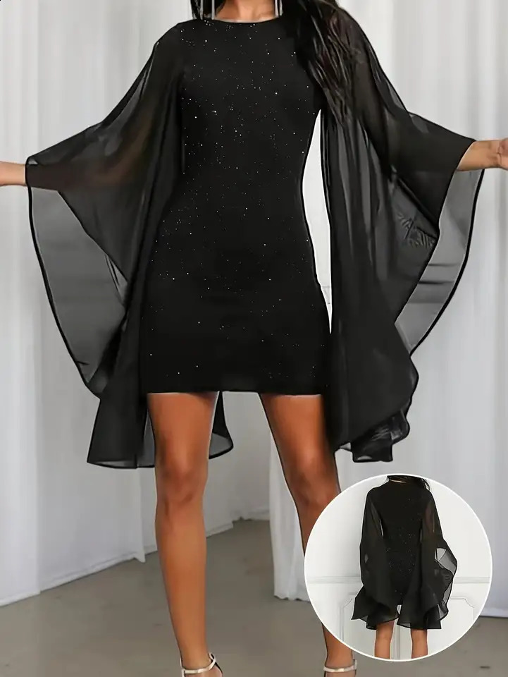 2026 casual and comfortable womens round neck long sleeved hollow out dress short skirt sequin slim fit n 260625 - view 4
