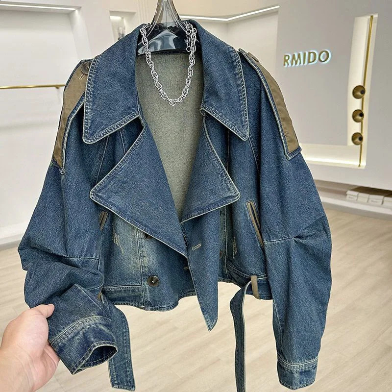Heavyweight Denim Patchwork Jacket Casual Work Attire Womens Spring Autumn Thin Mid Length Trench Coat n Sense Niche 260626 - view 3