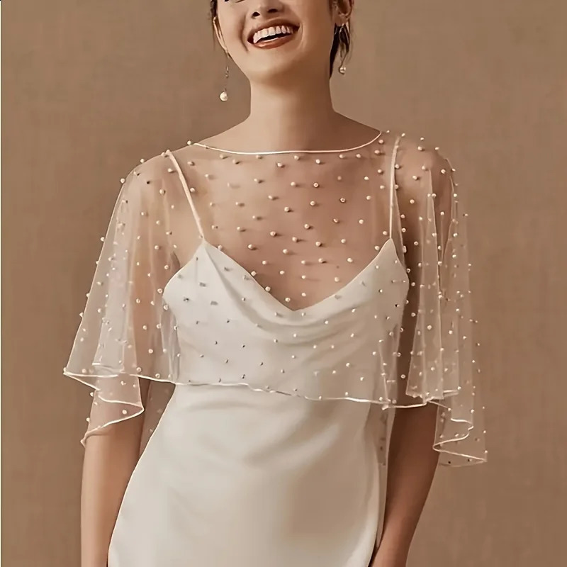 White Pearl Net Shawl for Bridal Wedding Short Sleeve Style with Plain Silk Edge 260625 - view 1