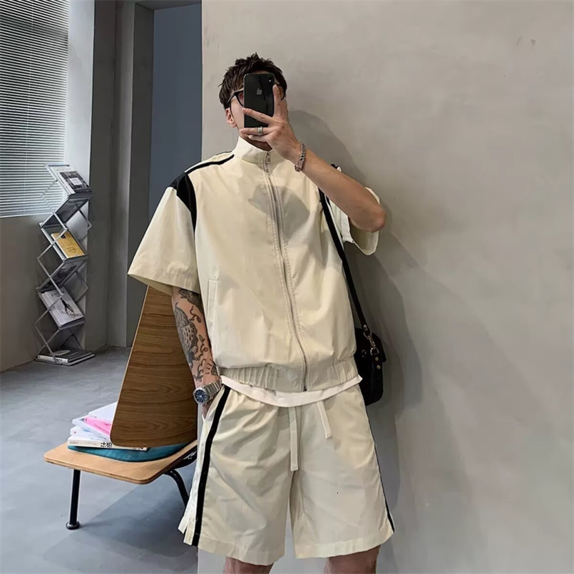 Mens Summer Retro Sports Suit American Style Stand Collar Zipper Short Sleeve Tshirts Casual Loose Y2K Shorts TwoPiece Set 260625