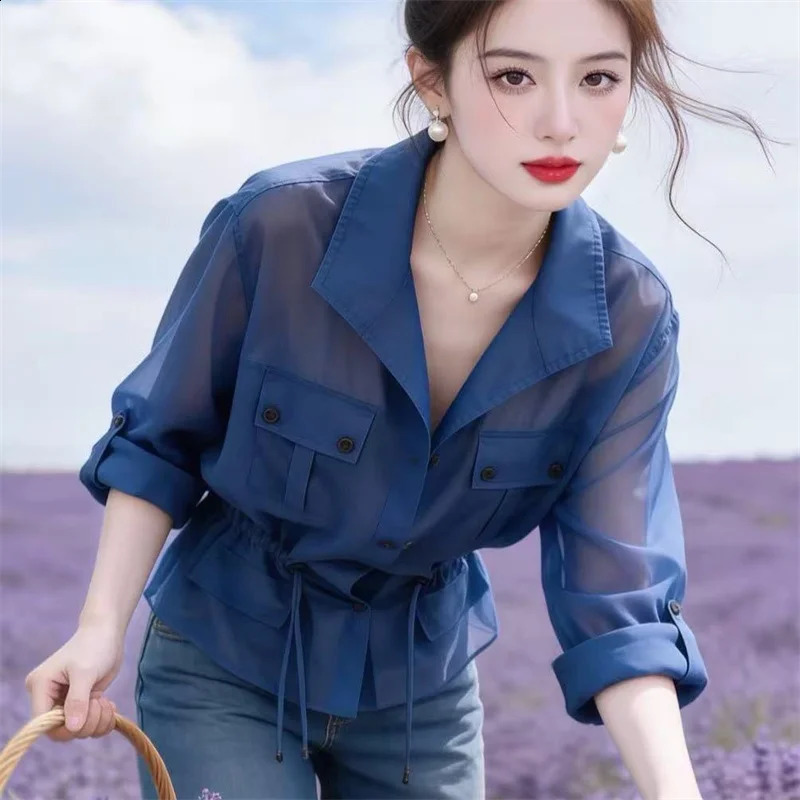 Blue Thin Micro-transparent Shirt coat Womens Spring Summer 2026 Style fashion long sleeve TeeShirts Sunscreen clothing 260626 - view 7