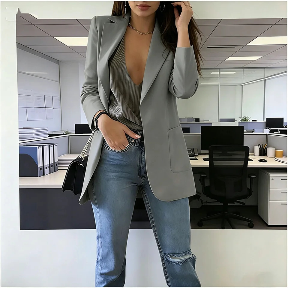 2026 Elegant jacket Womens Suit Single office Casual British Professional Buttonless suit collar pocket simple coat top 260625 - view 3