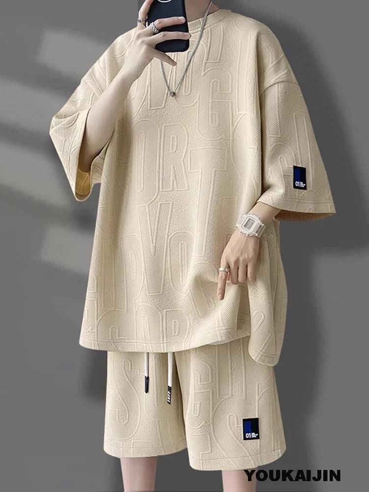 Summer Korean Casual T-Shirt + Shorts Men's Solid Color Tracksuit Loose Suit Plus Size 5Xl Asia Size