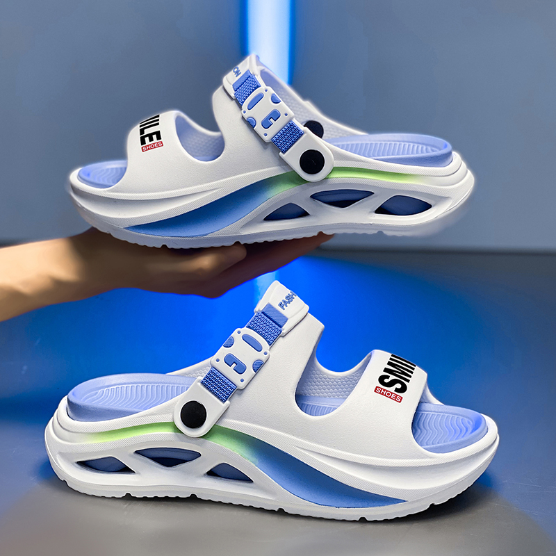 Men Hollow Cutout Platform Sport Slides Adjustable Buckle Heel Strap Letter Print Gradient EVA Thick Cushion Anti Slip Beach Shower Casual Slippers - view 4