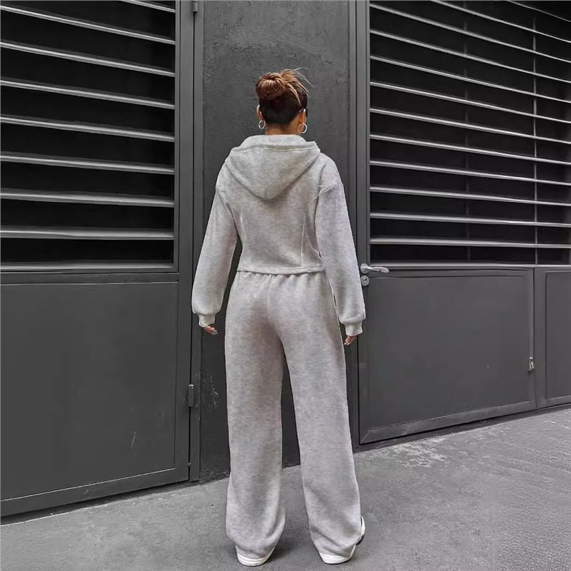 Cross-border independent store autumn/winter Amazon European American women's fashion hooded cardigan slim-fit sweatshirt and wide-leg pants two- - view 4
