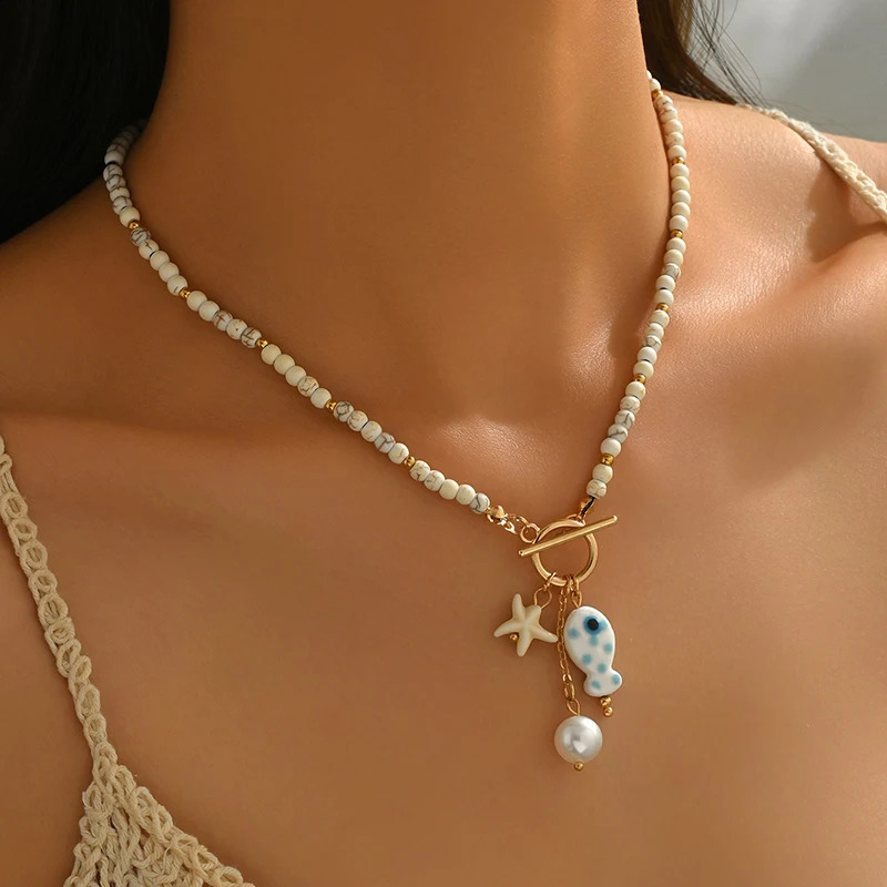 Bohemia Colorful Ceramic Fish Pendant Necklace for Women Handmade Beaded Pearl Starfish Necklace Summer Vacation Jewelry 260626 - view 3