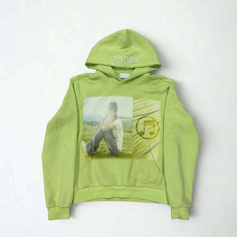 Y2K Fashion Trend Oversize Retro Music Themed Graphic Printing Green Pullover Hoodie Men Women Casual Comfort Streetwear W260626