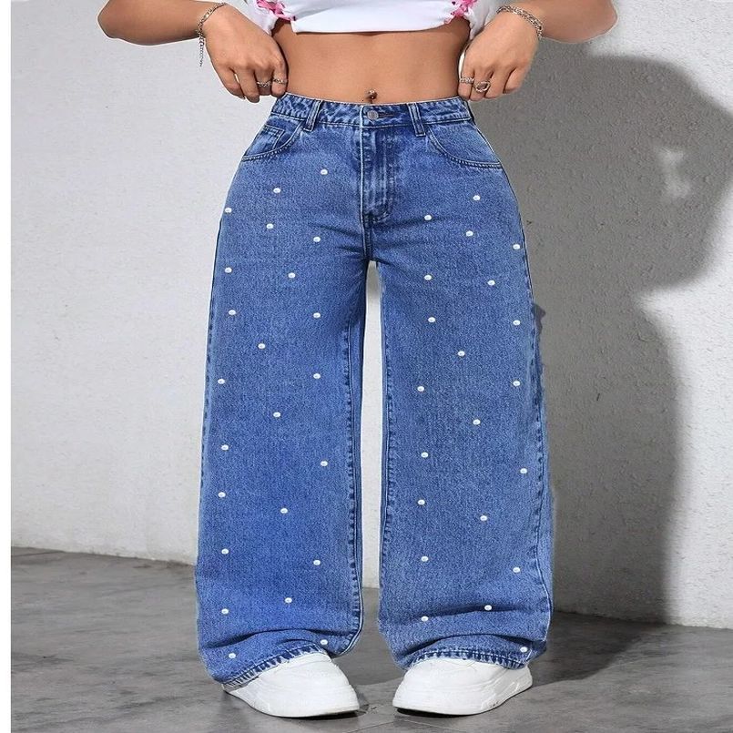 Women High Waist Denim Jeans Ladies Fashion Beading Straight Pants 260625
