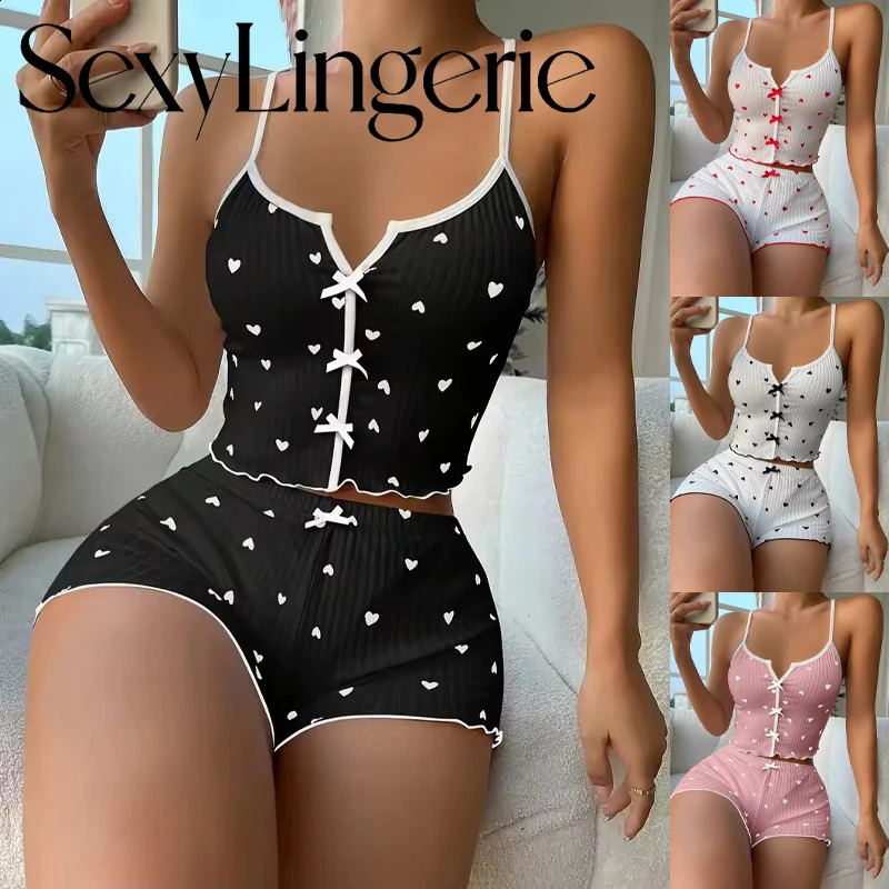 Sexy Sleepwear Women Pajamas Set Heart Print Silk Stain VNeck Sleeveless Casual Cami Top and Shorts Sets Home Suit Loungewear 260625