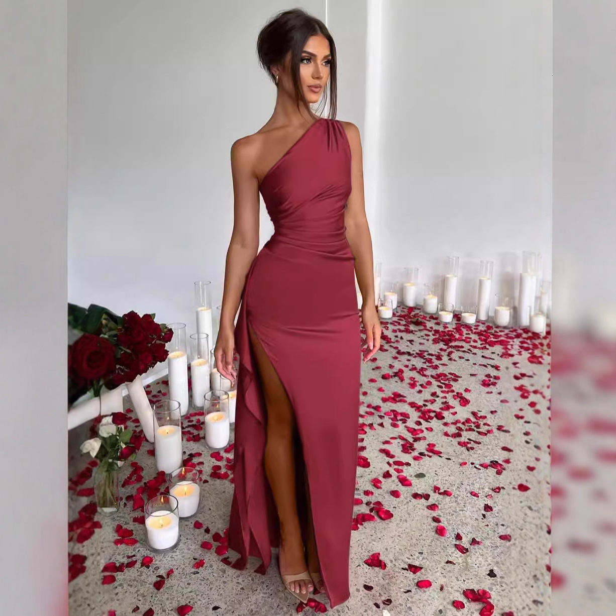 2025 One-shoulder Gathered Slit Sexy Short-sleeve Satin Dress Summer Elegant - view 5