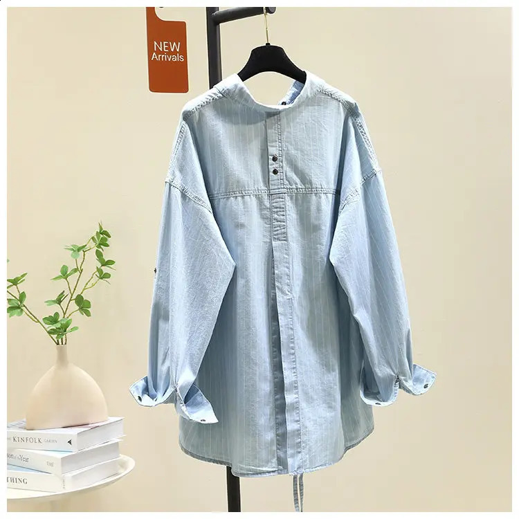 SuperAen Blue Striped Denim Loose and Casual n Shirts for Women Spring Office Lady Oversize Asymmetrical Shirts 260626 - view 7